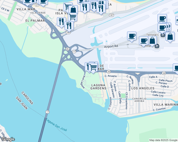 map of restaurants, bars, coffee shops, grocery stores, and more near 2-44 Avenue Laguna in Carolina