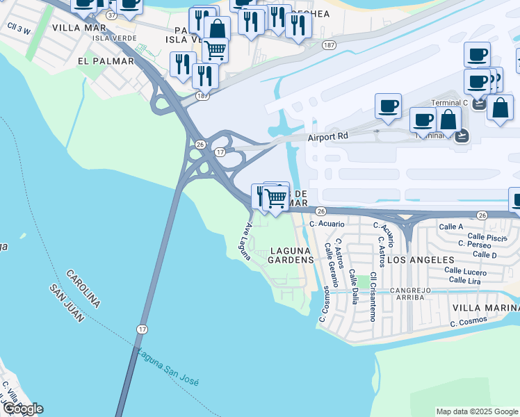 map of restaurants, bars, coffee shops, grocery stores, and more near 2 Avenida Laguna in Carolina