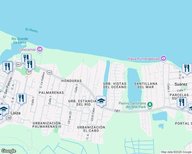 map of restaurants, bars, coffee shops, grocery stores, and more near Calle Los Parrilla II in Rio Grande