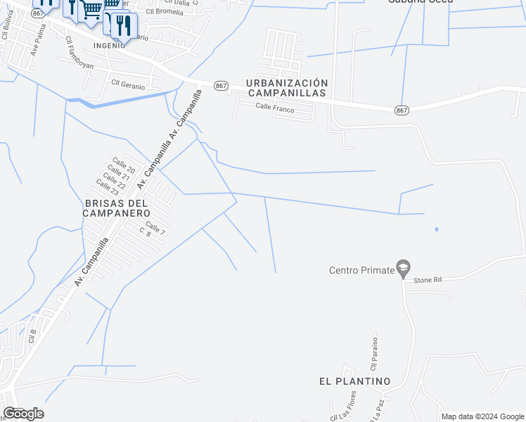 map of restaurants, bars, coffee shops, grocery stores, and more near Calle Amatista in Toa Baja