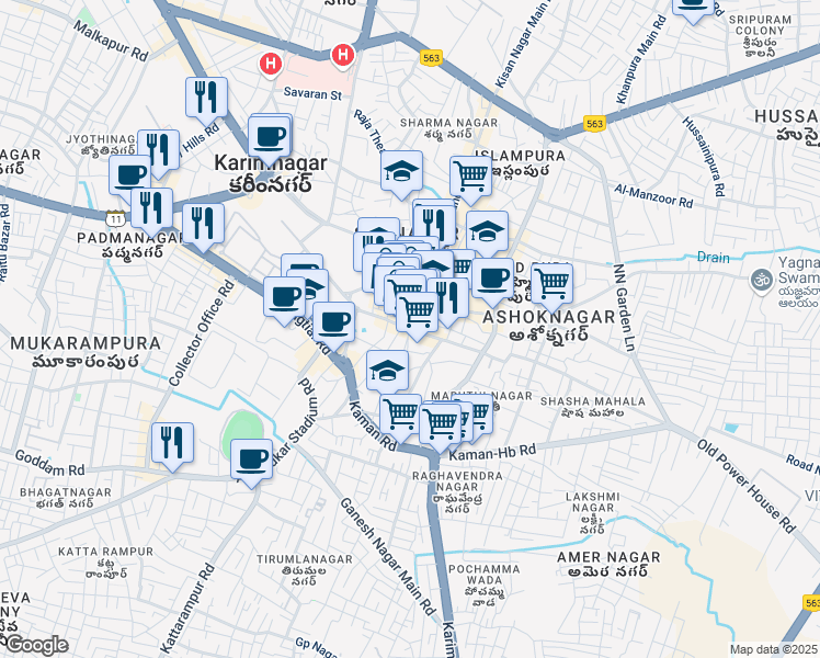 map of restaurants, bars, coffee shops, grocery stores, and more near Shastri Road in Karimnagar