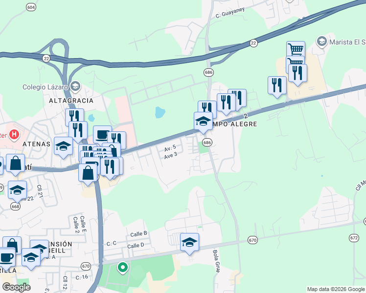 map of restaurants, bars, coffee shops, grocery stores, and more near Avenue 3 in Manatí