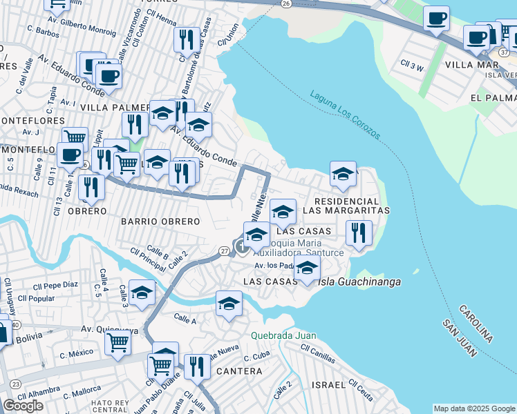 map of restaurants, bars, coffee shops, grocery stores, and more near Calle Norte Sur in San Juan