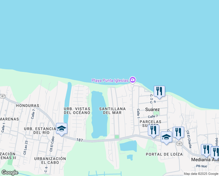 map of restaurants, bars, coffee shops, grocery stores, and more near 72 Calle Santillana in Río Grande