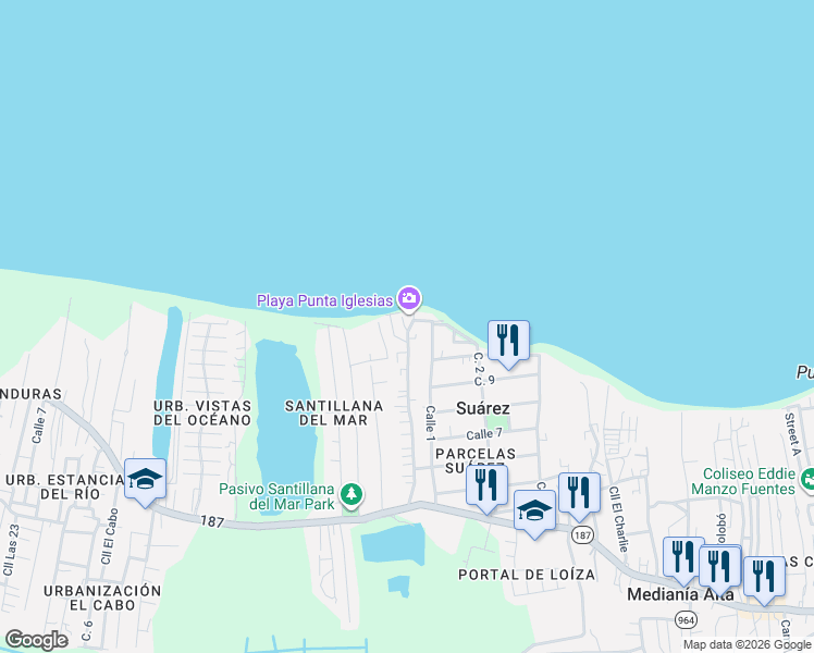 map of restaurants, bars, coffee shops, grocery stores, and more near Calle Punta Del Atlántico in Rio Grande