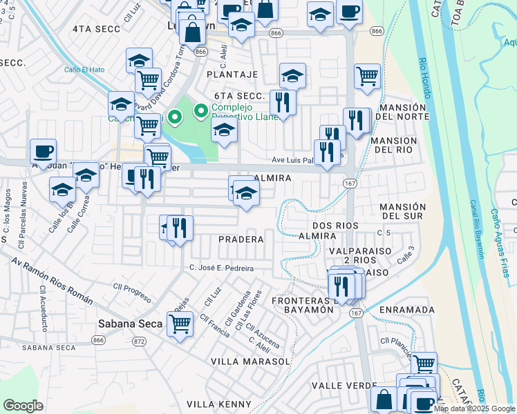 map of restaurants, bars, coffee shops, grocery stores, and more near Avenue Amalia Paoli in Toa Baja