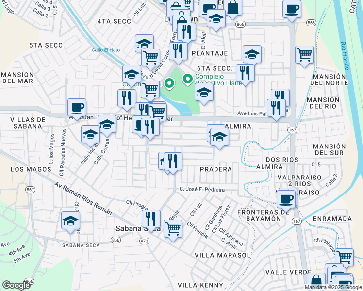 map of restaurants, bars, coffee shops, grocery stores, and more near Avenue Amalia Paoli in Toa Baja