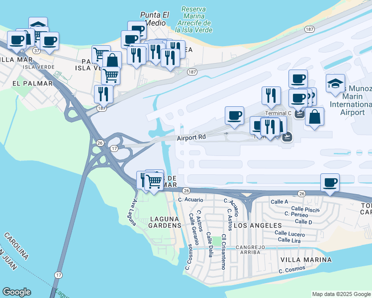 map of restaurants, bars, coffee shops, grocery stores, and more near Puente Teodoro Moscoso in Carolina