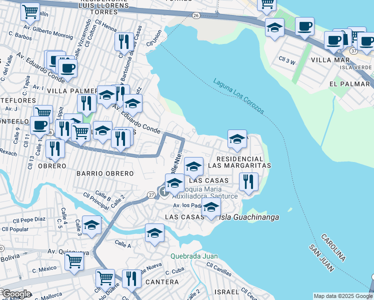 map of restaurants, bars, coffee shops, grocery stores, and more near Calle Norte Sur in San Juan
