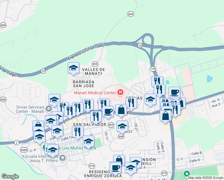 map of restaurants, bars, coffee shops, grocery stores, and more near Calle Francisco Vega Jimenez in Manatí