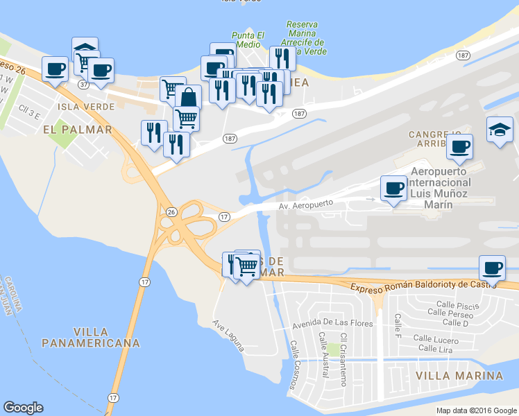map of restaurants, bars, coffee shops, grocery stores, and more near Puente Teodoro Moscoso in Carolina