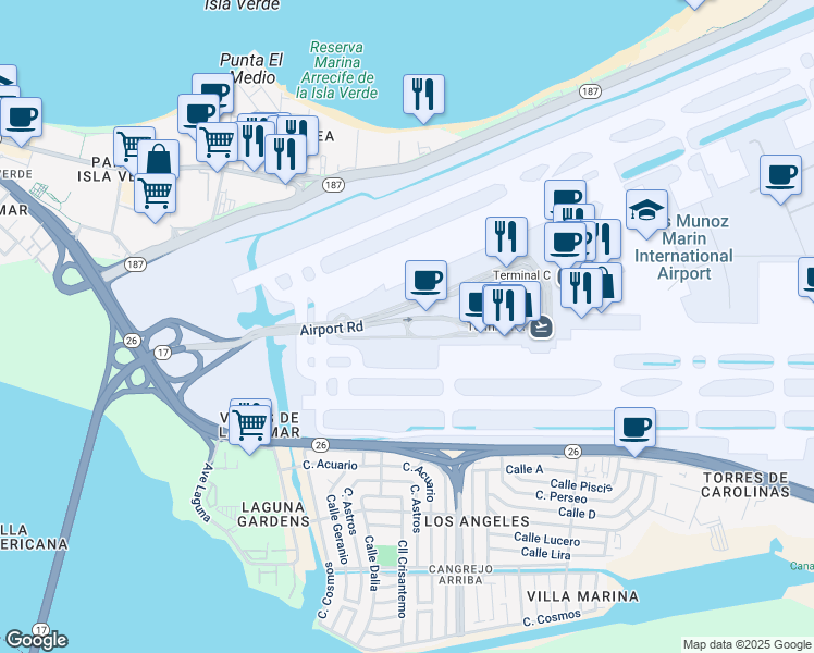 map of restaurants, bars, coffee shops, grocery stores, and more near in Carolina