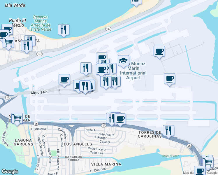 map of restaurants, bars, coffee shops, grocery stores, and more near in Carolina