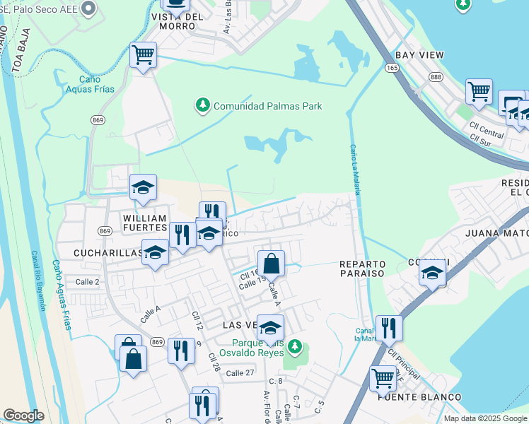 map of restaurants, bars, coffee shops, grocery stores, and more near 18 Calle Reina in Catano