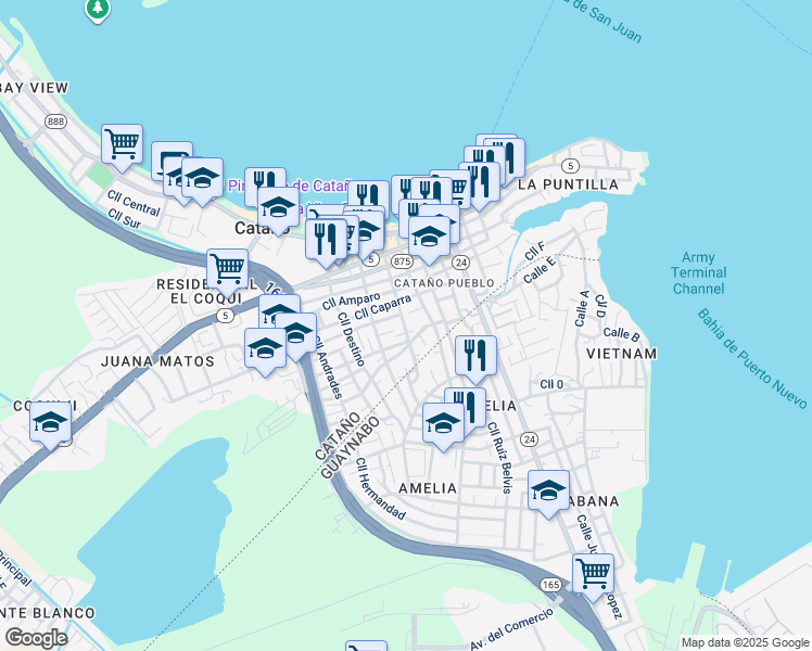 map of restaurants, bars, coffee shops, grocery stores, and more near 38 Calle San Lorenzo in Cataño