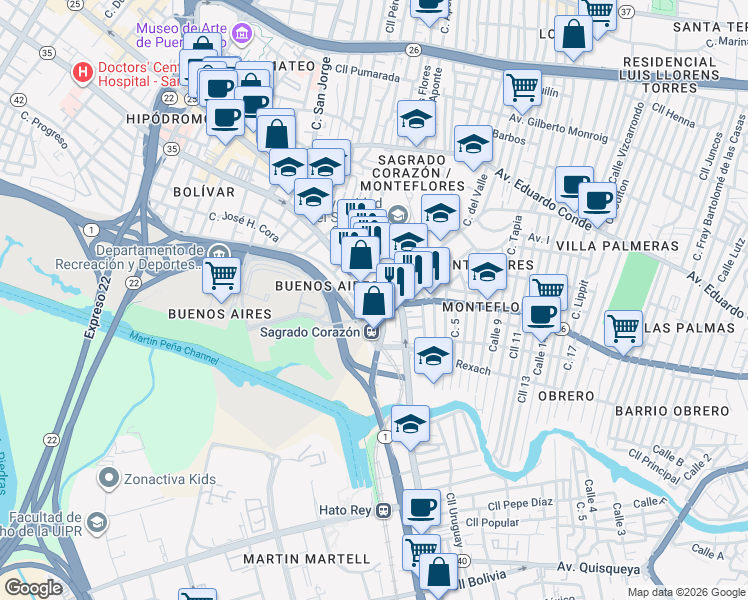 map of restaurants, bars, coffee shops, grocery stores, and more near 1900 Avenida de la Constitución in San Juan