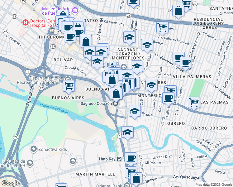 map of restaurants, bars, coffee shops, grocery stores, and more near 1900 Avenida de la Constitución in San Juan