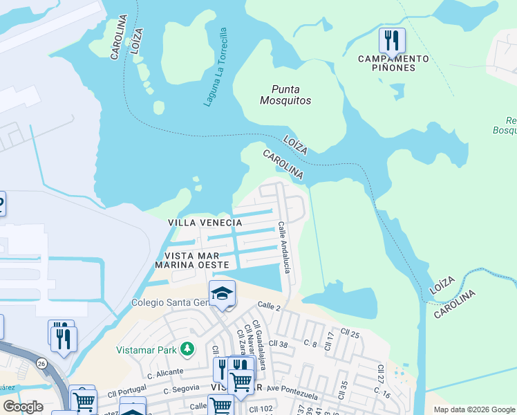 map of restaurants, bars, coffee shops, grocery stores, and more near Calle Sevilla in Carolina