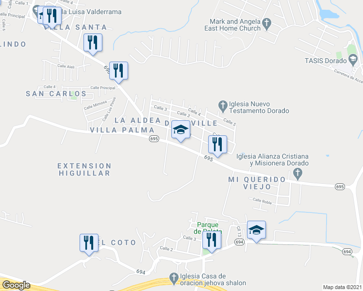 map of restaurants, bars, coffee shops, grocery stores, and more near 4 Puerto Rico 695 in Dorado
