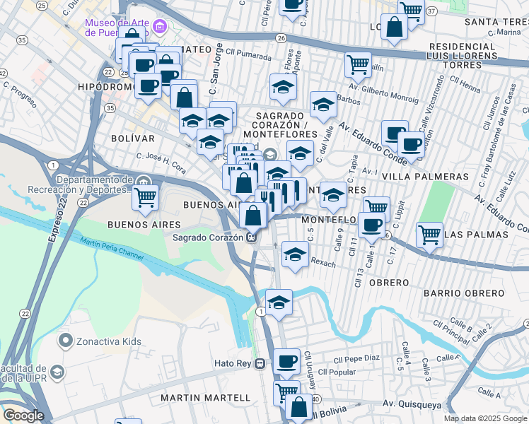 map of restaurants, bars, coffee shops, grocery stores, and more near 1900 Avenida de la Constitución in San Juan