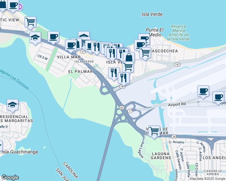 map of restaurants, bars, coffee shops, grocery stores, and more near Interstate PR3 in Carolina