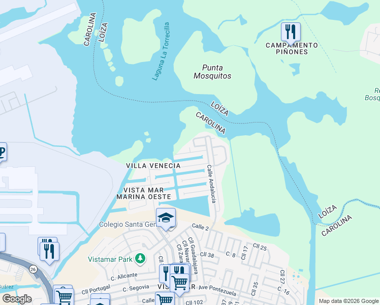 map of restaurants, bars, coffee shops, grocery stores, and more near Calle Sevilla in Carolina
