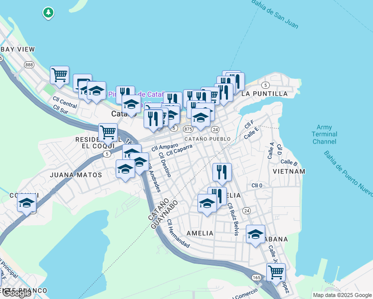 map of restaurants, bars, coffee shops, grocery stores, and more near 38 Calle San Lorenzo in Cataño