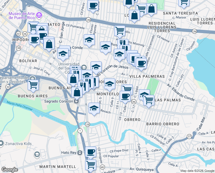 map of restaurants, bars, coffee shops, grocery stores, and more near in San Juan
