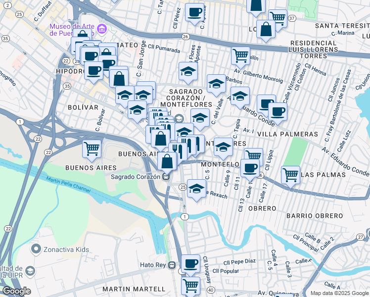 map of restaurants, bars, coffee shops, grocery stores, and more near in San Juan