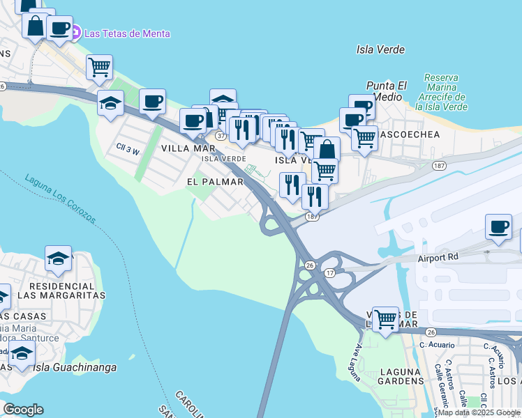 map of restaurants, bars, coffee shops, grocery stores, and more near Interstate PR3 in Carolina