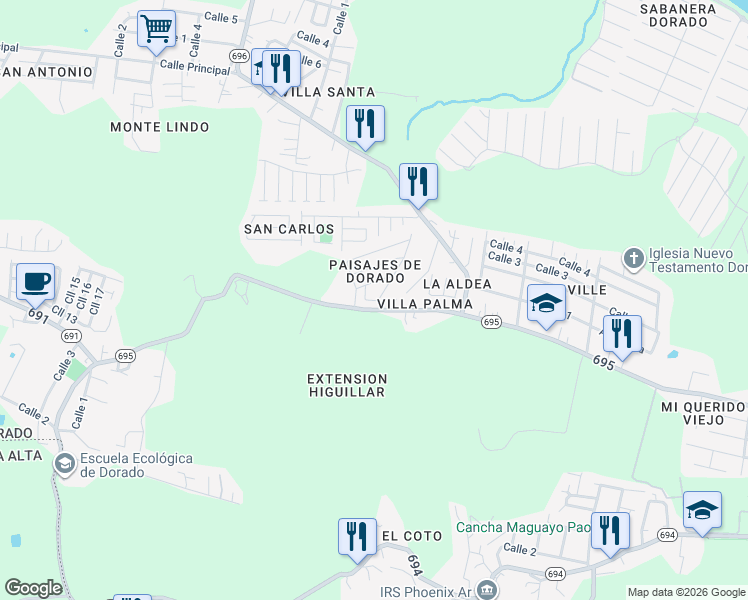 map of restaurants, bars, coffee shops, grocery stores, and more near 4 Puerto Rico 695 in Dorado
