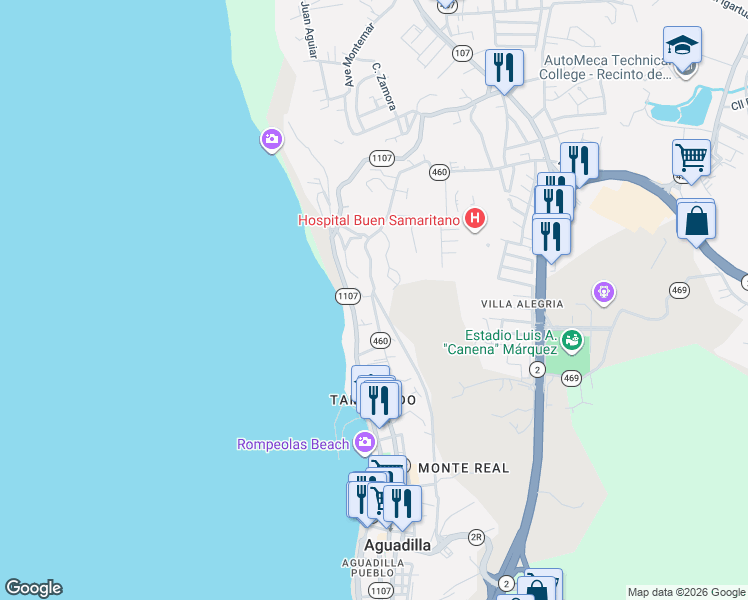 map of restaurants, bars, coffee shops, grocery stores, and more near 142 Carretera Cuesta Vieja in Aguadilla