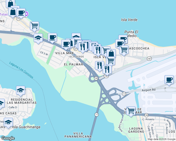 map of restaurants, bars, coffee shops, grocery stores, and more near Interstate PR3 in Carolina