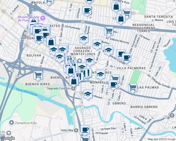 map of restaurants, bars, coffee shops, grocery stores, and more near 511-521 Cll Sagrado Corazón De Jesús in San Juan