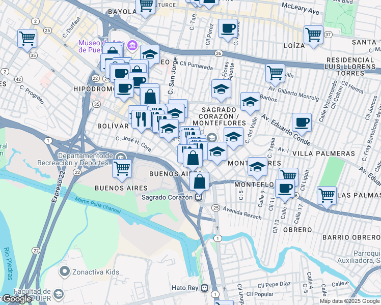map of restaurants, bars, coffee shops, grocery stores, and more near 528 Calle J. D. Riera in San Juan