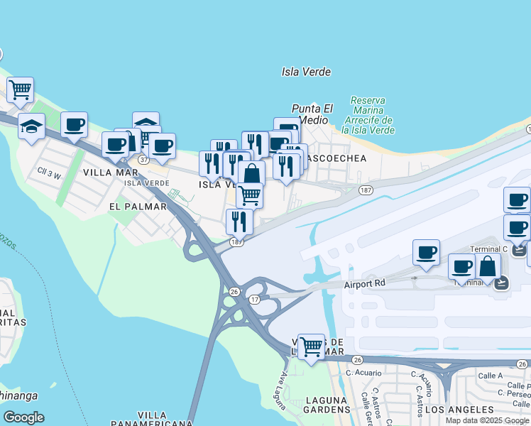 map of restaurants, bars, coffee shops, grocery stores, and more near Highway 187 in Carolina