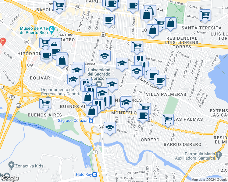 map of restaurants, bars, coffee shops, grocery stores, and more near 460 Avenida Sagrado Corazón de Jesús in San Juan