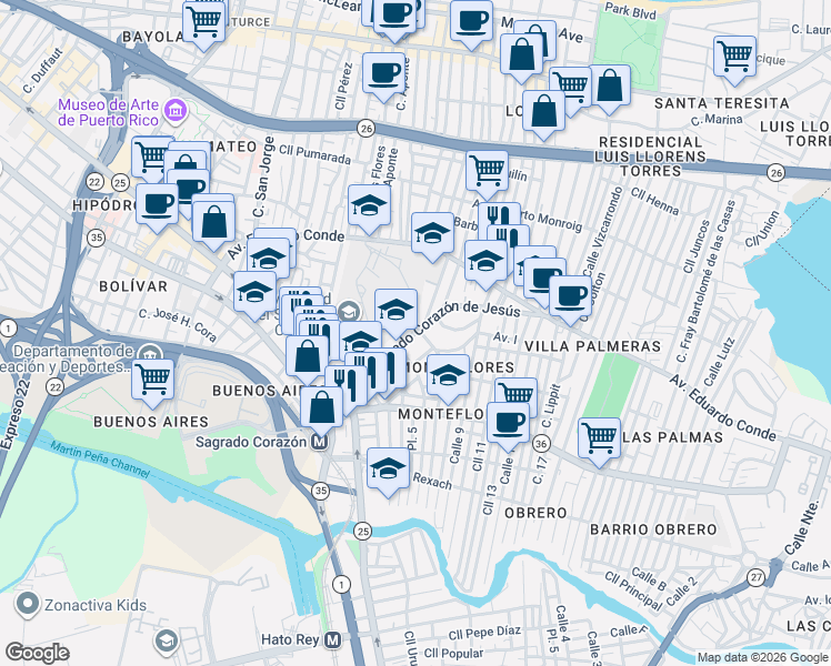 map of restaurants, bars, coffee shops, grocery stores, and more near 460-474 Calle Sagrado Corazón De Jesús in San Juan