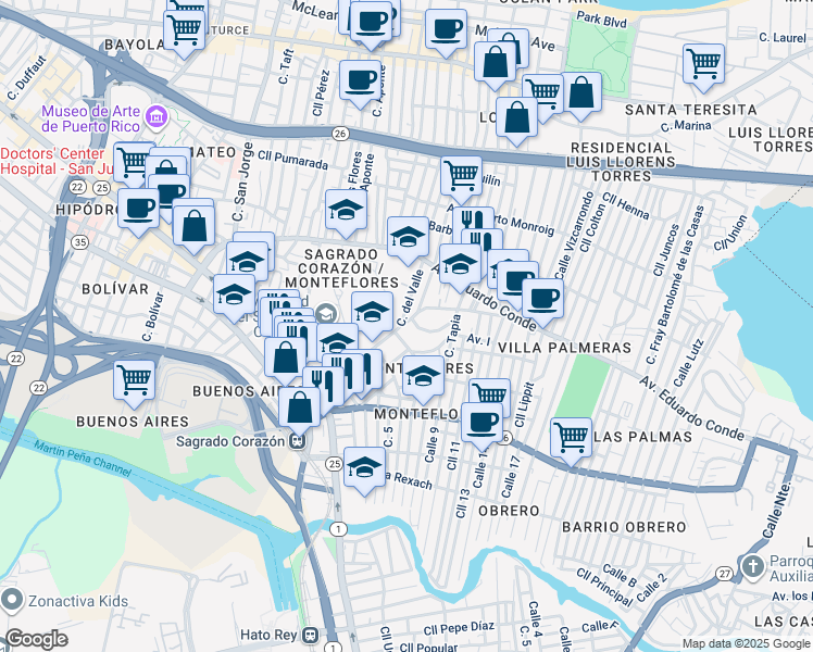 map of restaurants, bars, coffee shops, grocery stores, and more near 460-474 Calle Sagrado Corazón De Jesús in San Juan