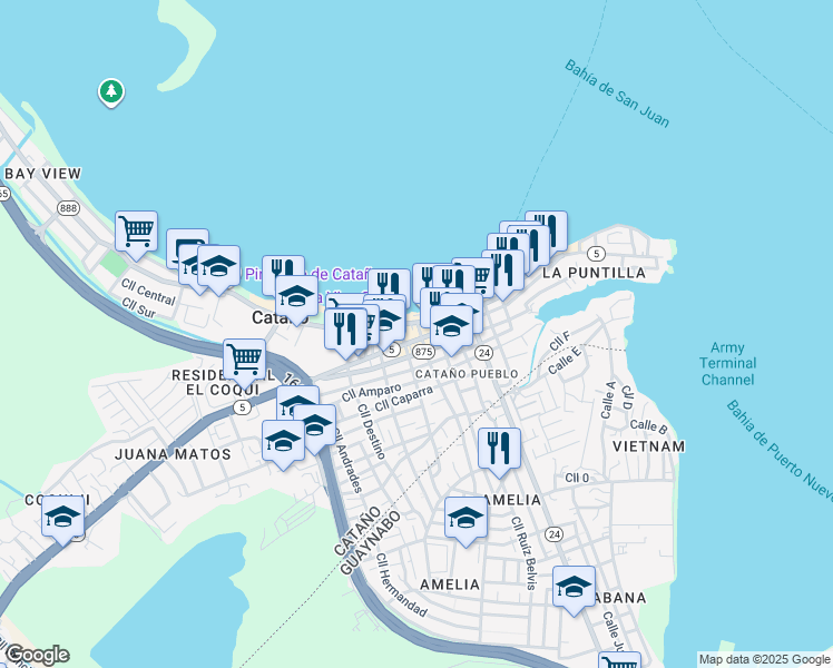 map of restaurants, bars, coffee shops, grocery stores, and more near in Cataño