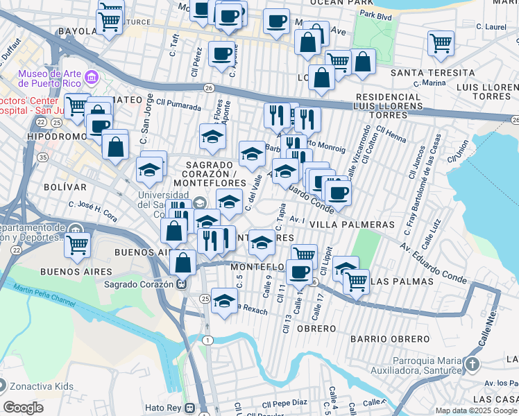 map of restaurants, bars, coffee shops, grocery stores, and more near in San Juan