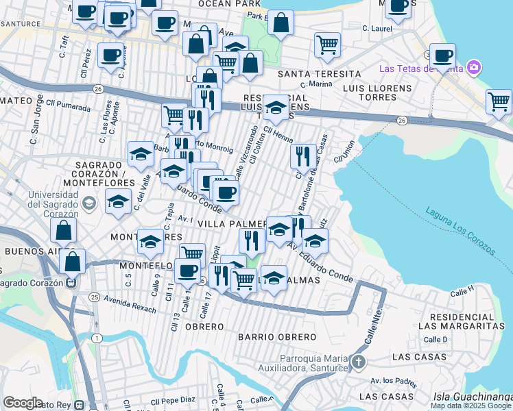 map of restaurants, bars, coffee shops, grocery stores, and more near in San Juan
