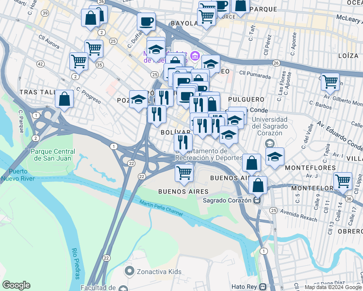 map of restaurants, bars, coffee shops, grocery stores, and more near in San Juan