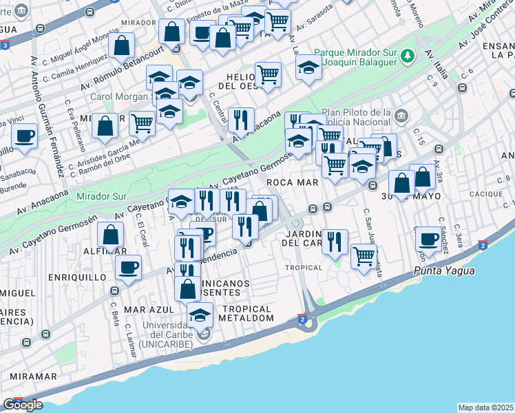 map of restaurants, bars, coffee shops, grocery stores, and more near Calle 2da in Santo Domingo