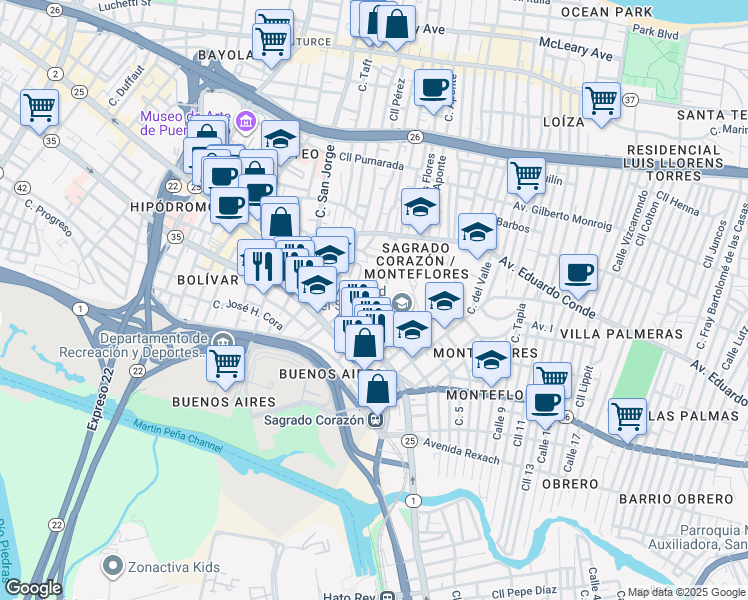 map of restaurants, bars, coffee shops, grocery stores, and more near 518-528 Calle J D Riera in San Juan