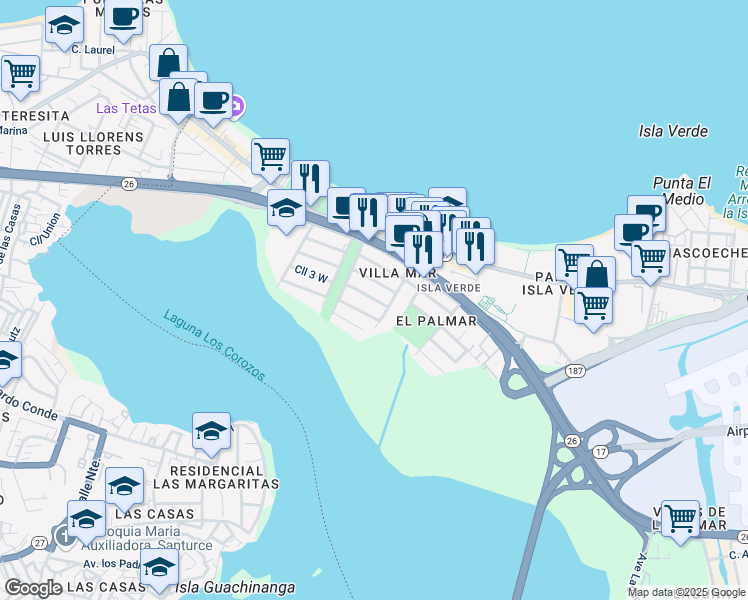 map of restaurants, bars, coffee shops, grocery stores, and more near 114 Calle Mar del Japon in Carolina