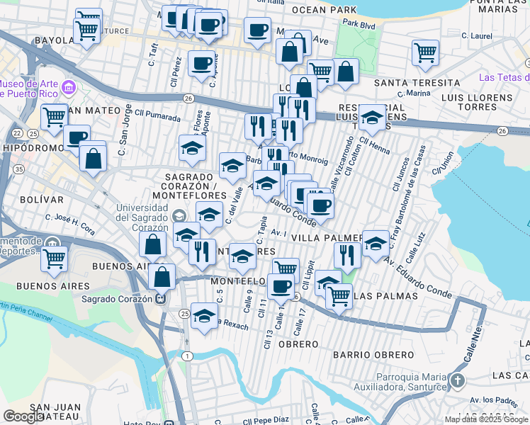 map of restaurants, bars, coffee shops, grocery stores, and more near 2011 Calle Sagrado Corazón De Jesús in San Juan