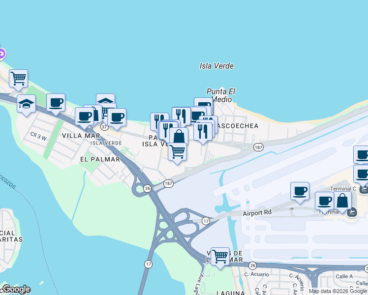 map of restaurants, bars, coffee shops, grocery stores, and more near 6200 Avenida Isla Verde in Carolina
