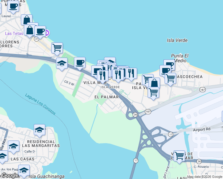 map of restaurants, bars, coffee shops, grocery stores, and more near 110 Calle Palma Real in Carolina
