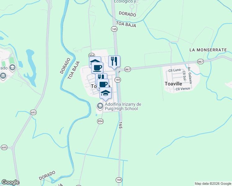 map of restaurants, bars, coffee shops, grocery stores, and more near Calle Timoteo Salas Quintero in Toa Baja